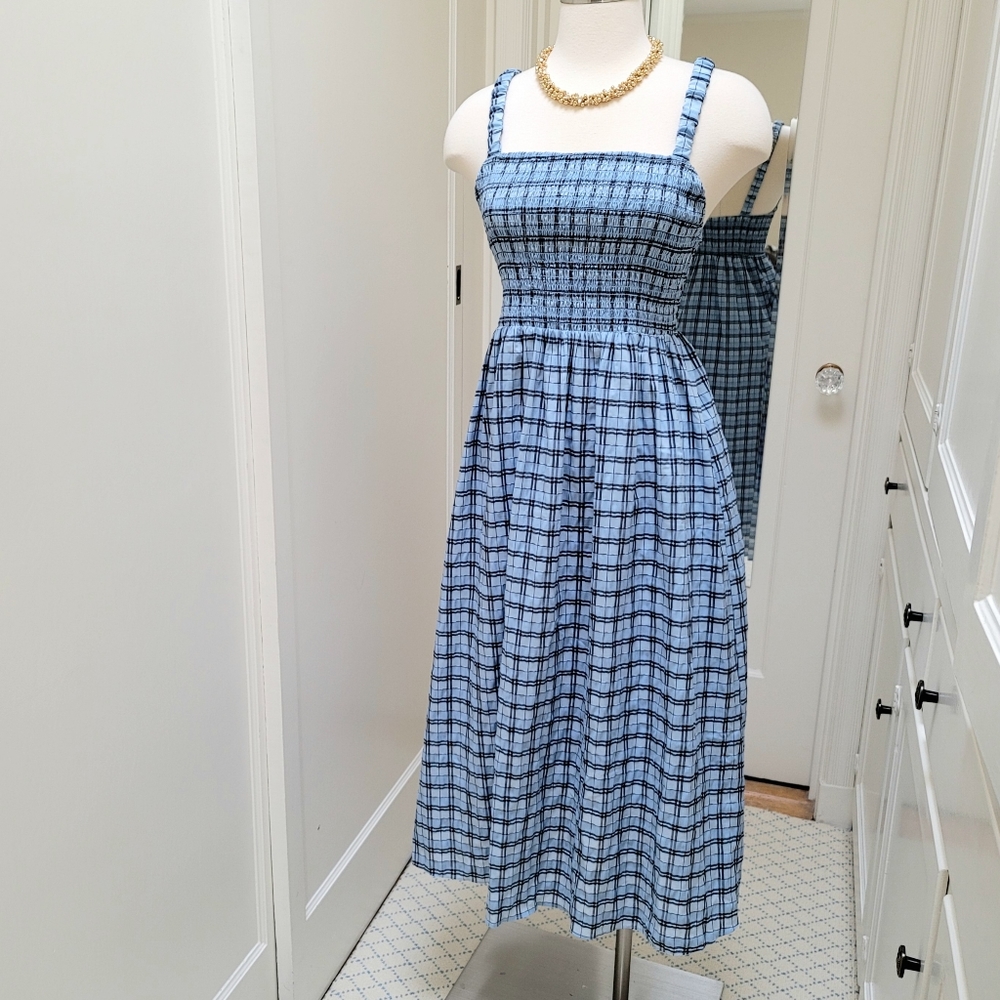 New! J Crew sz M Medium Smocked sleeveless dress textured blue plaid NWT - Picture 2 of 8